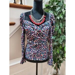 Shein Blue Floral Women's Polyester Long Sleeve Sweatheart Neck Casual Blouse
